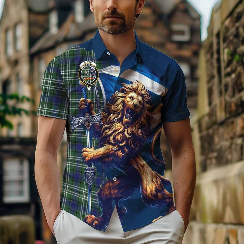 Blyth Tartan Family Crest Short Sleeve Button Shirt with Scottish Majestic Lion
