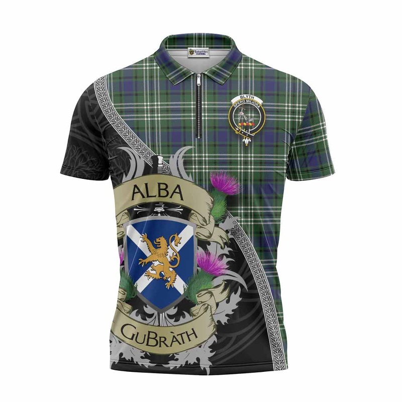 Blyth Tartan Family Crest Zipper Polo Shirt Lion Rampant Royal Thistle Shield Celtic Inspired