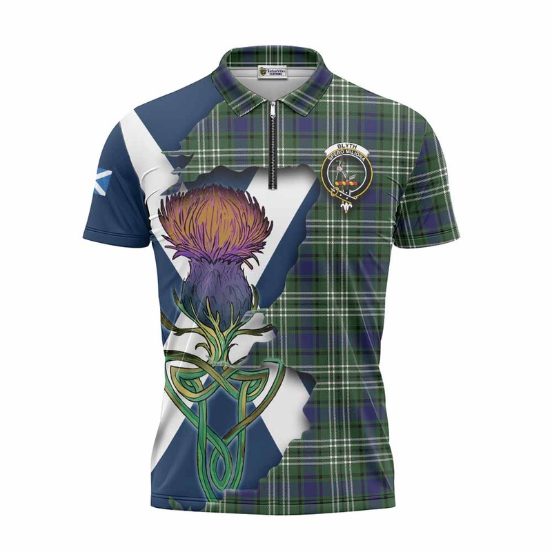 Blyth Tartan Family Crest Zipper Polo Shirt Scottish Thistle Celtic Inspired
