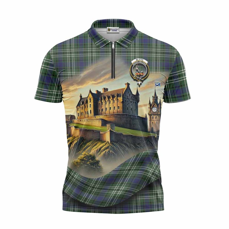 Blyth Tartan Family Crest Zipper Polo Shirt with Scottish Ancient Castle Style