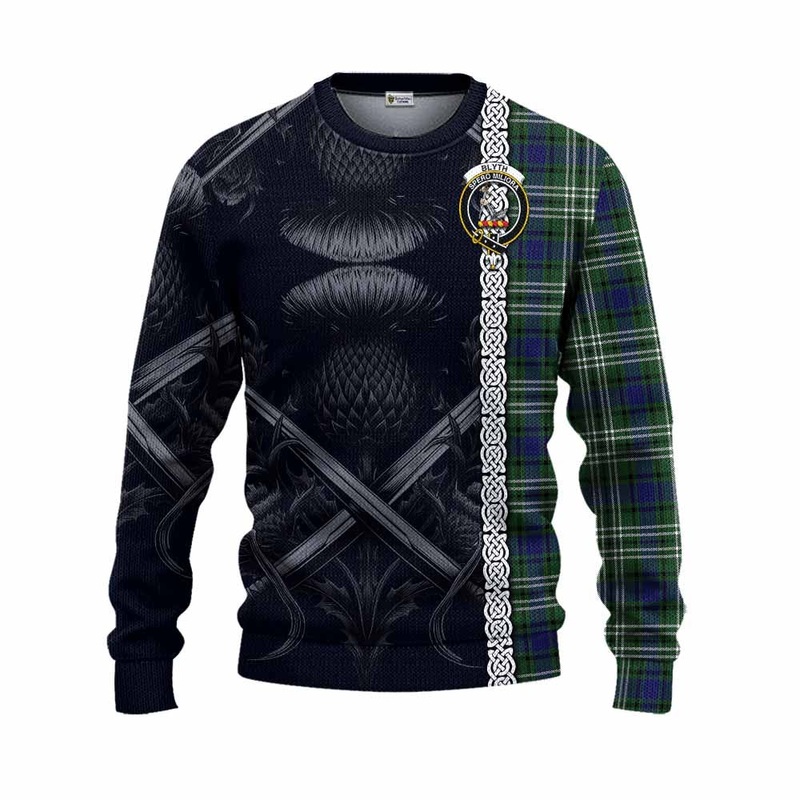 Blyth Tartan Knitted Sweater with Family Crest Cross Sword Thistle Celtic Vibes
