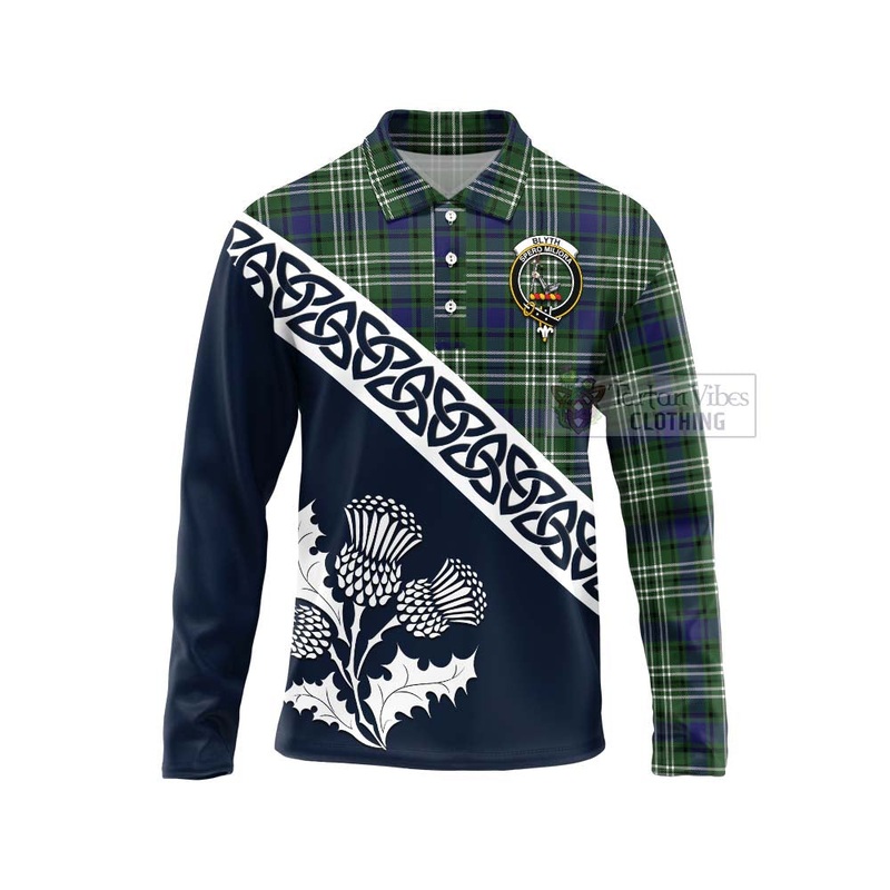 Blyth Tartan Long Sleeve Polo Shirt Featuring Thistle and Scotland Map