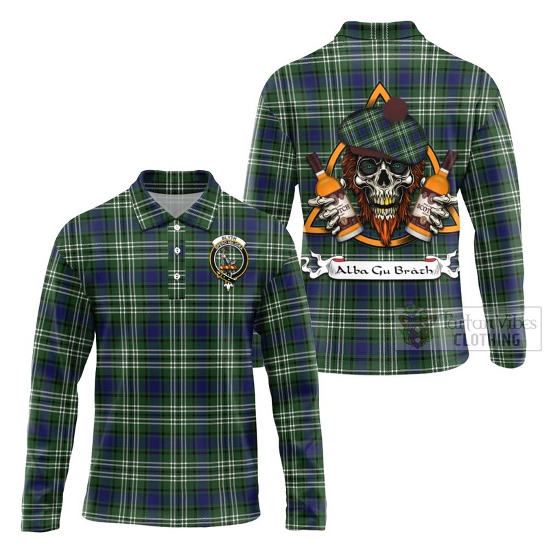Blyth Tartan Long Sleeve Polo Shirt with Family Crest and Bearded Skull Holding Bottles of Whiskey