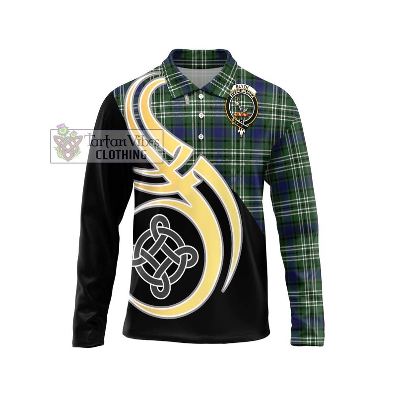 Blyth Tartan Long Sleeve Polo Shirt with Family Crest and Celtic Symbol Style