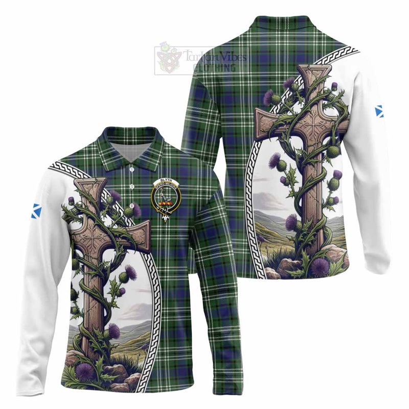 Blyth Tartan Long Sleeve Polo Shirt with Family Crest and St. Andrew's Cross Accented by Thistle Vines