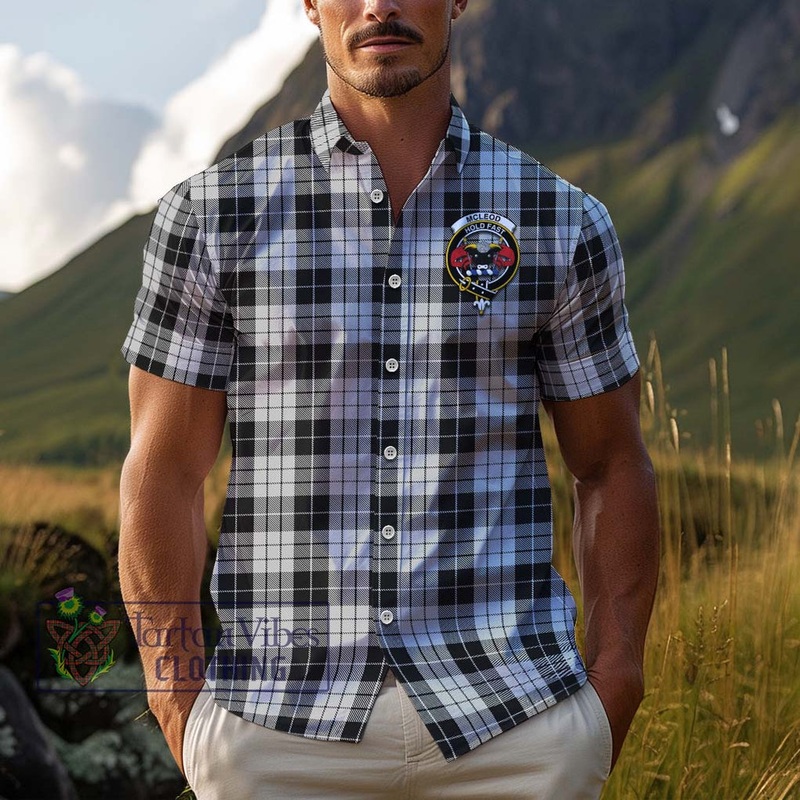 McLeod Black and White Tartan Cotton Hawaiian Shirt with Family Crest