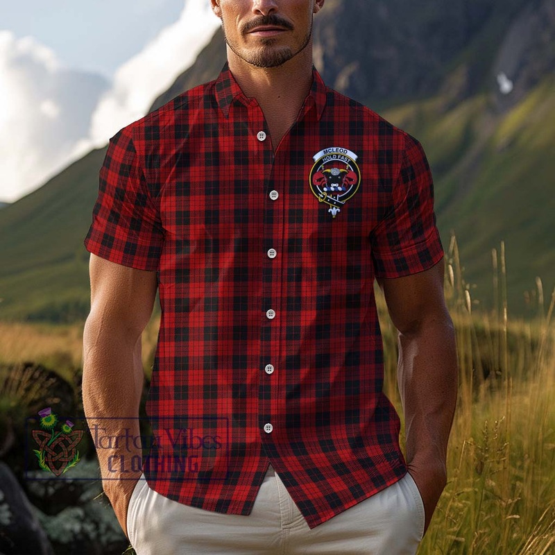 McLeod Black and Red Tartan Cotton Hawaiian Shirt with Family Crest