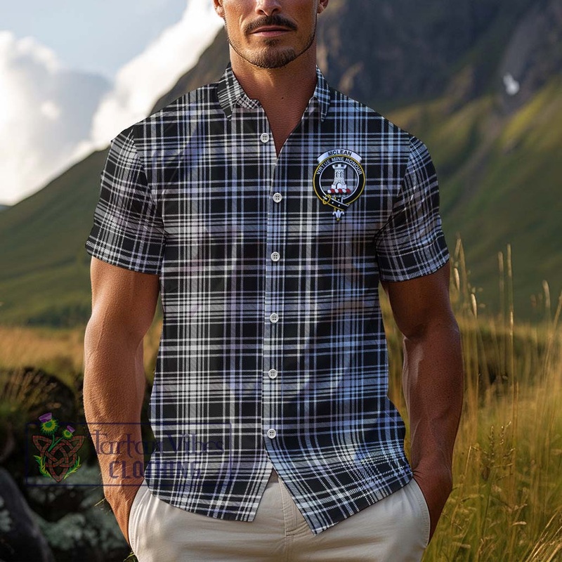 McLean Black and White Tartan Cotton Hawaiian Shirt with Family Crest