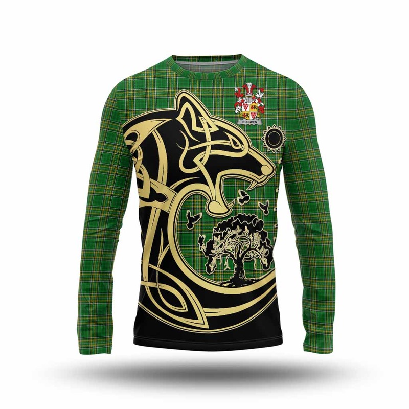 Blunden Irish Tartan Long Sleeve T-Shirt with Coat of Arms Celtic Wolf Style