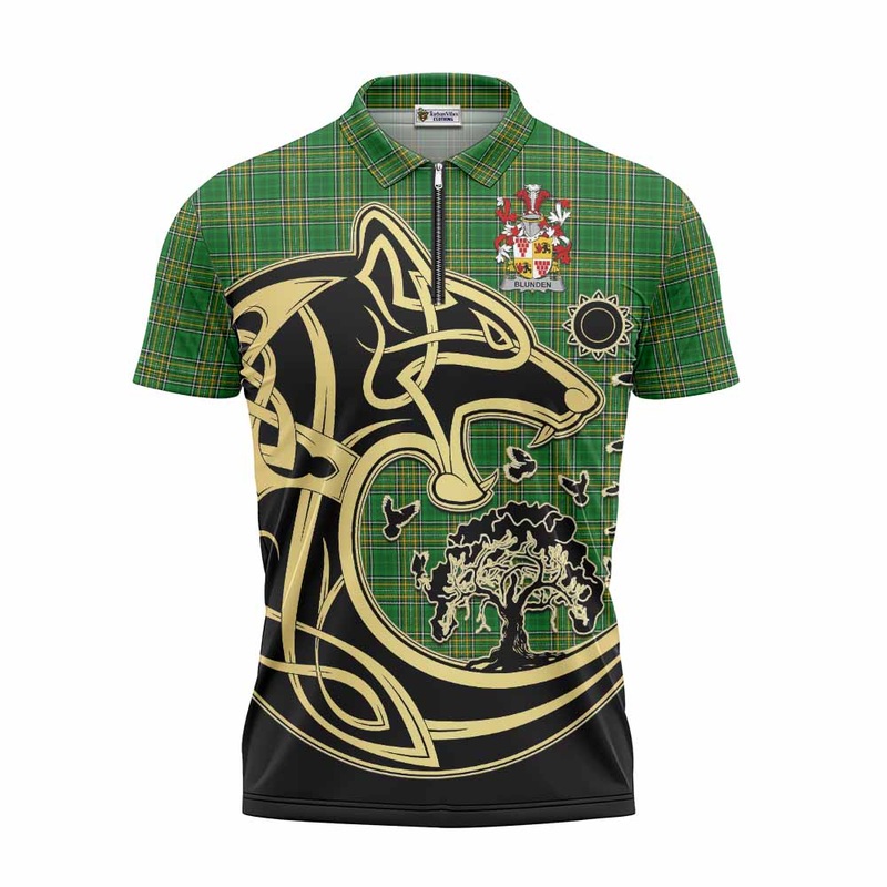 Blunden Irish Tartan Zipper Polo Shirt with Coat of Arms Celtic Wolf Style