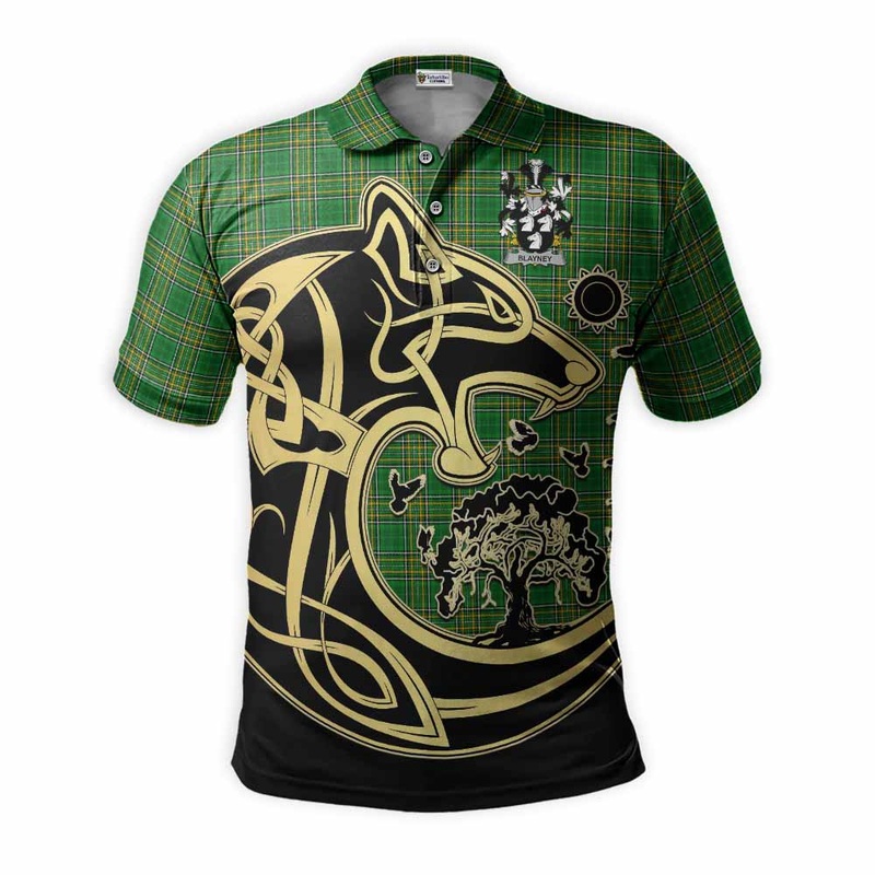 Blayney Irish Tartan Polo Shirt with Coat of Arms Celtic Wolf Style