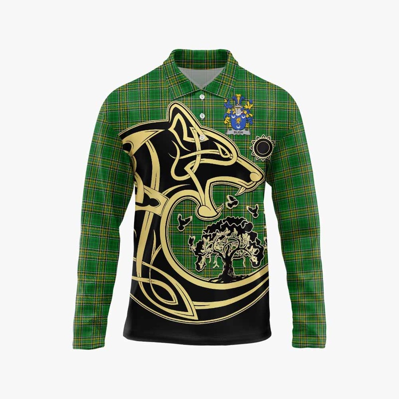 Bligh Irish Tartan Long Sleeve Polo Shirt with Coat of Arms Celtic Wolf Style