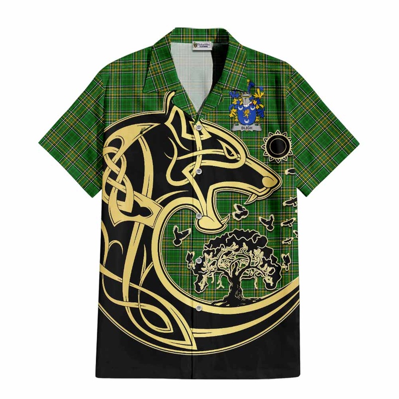 Bligh Irish Tartan Short Sleeve Button Shirt with Coat of Arms Celtic Wolf Style