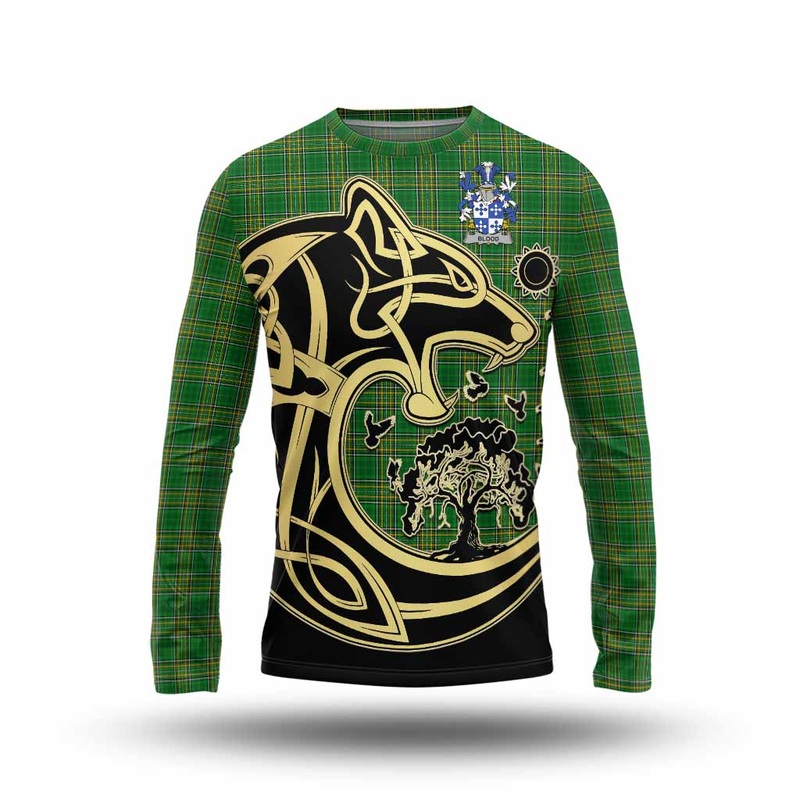 Blood Irish Tartan Long Sleeve T-Shirt with Coat of Arms Celtic Wolf Style