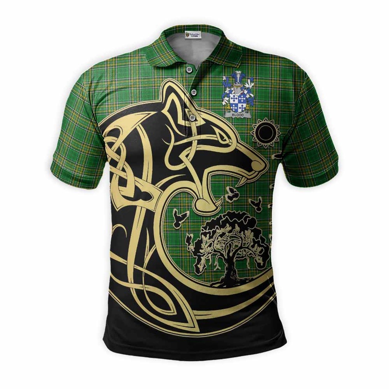 Blood Irish Tartan Polo Shirt with Coat of Arms Celtic Wolf Style