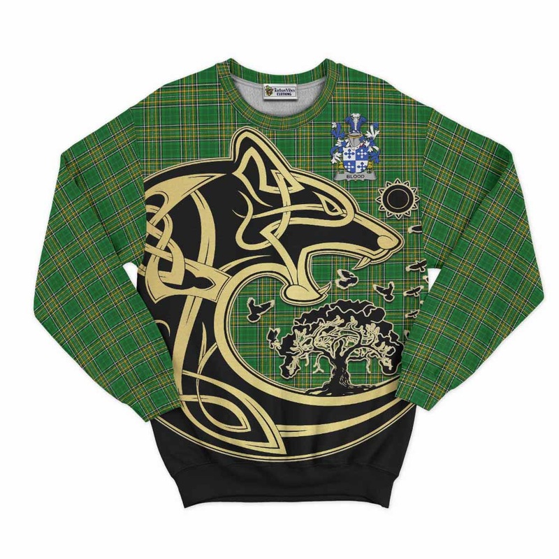 Blood Irish Tartan Sweatshirt with Coat of Arms Celtic Wolf Style