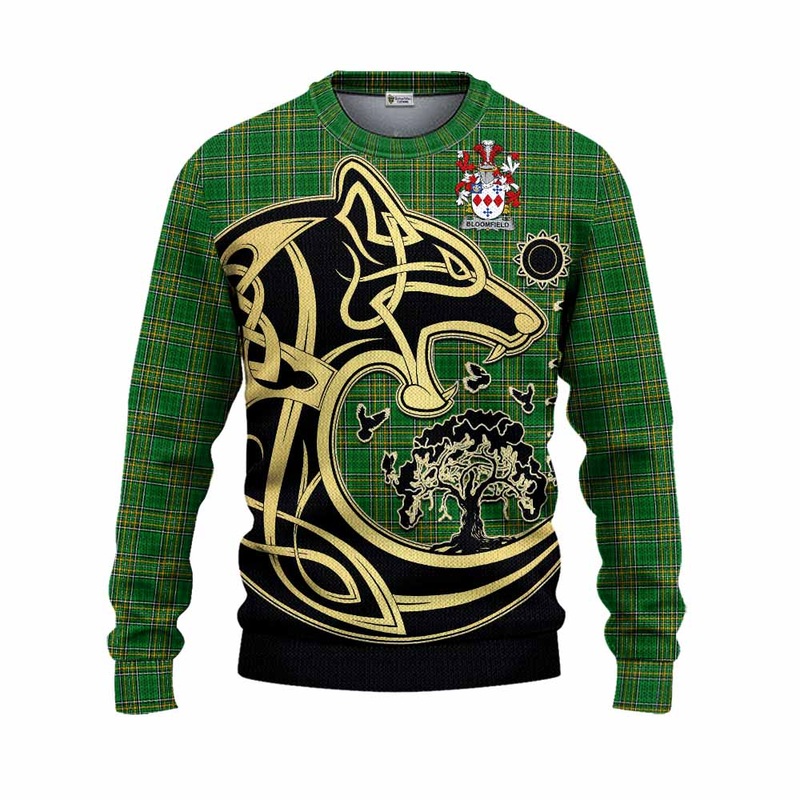 Bloomfield Irish Tartan Knitted Sweater with Coat of Arms Celtic Wolf Style