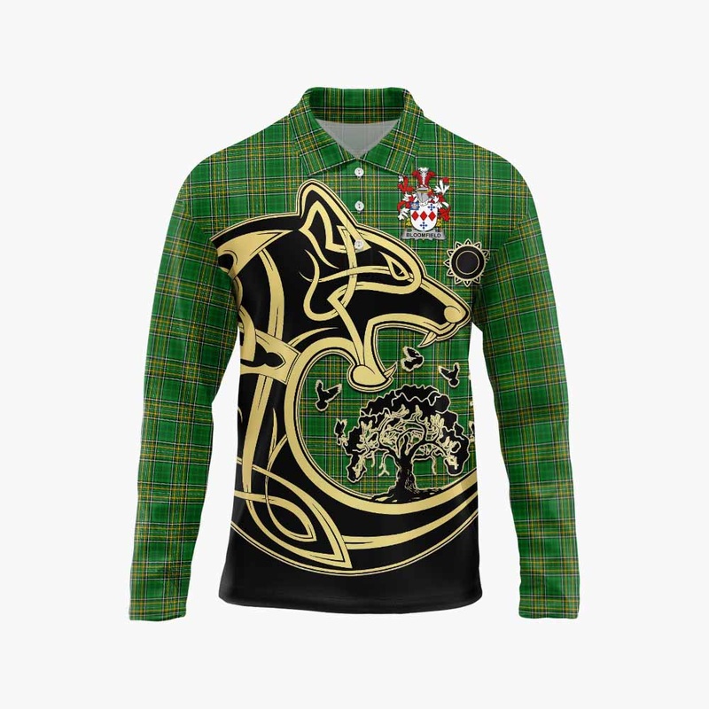 Bloomfield Irish Tartan Long Sleeve Polo Shirt with Coat of Arms Celtic Wolf Style