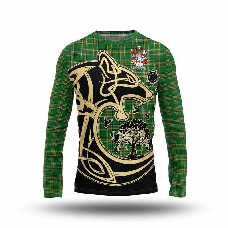 Bloomfield Irish Tartan Long Sleeve T-Shirt with Coat of Arms Celtic Wolf Style