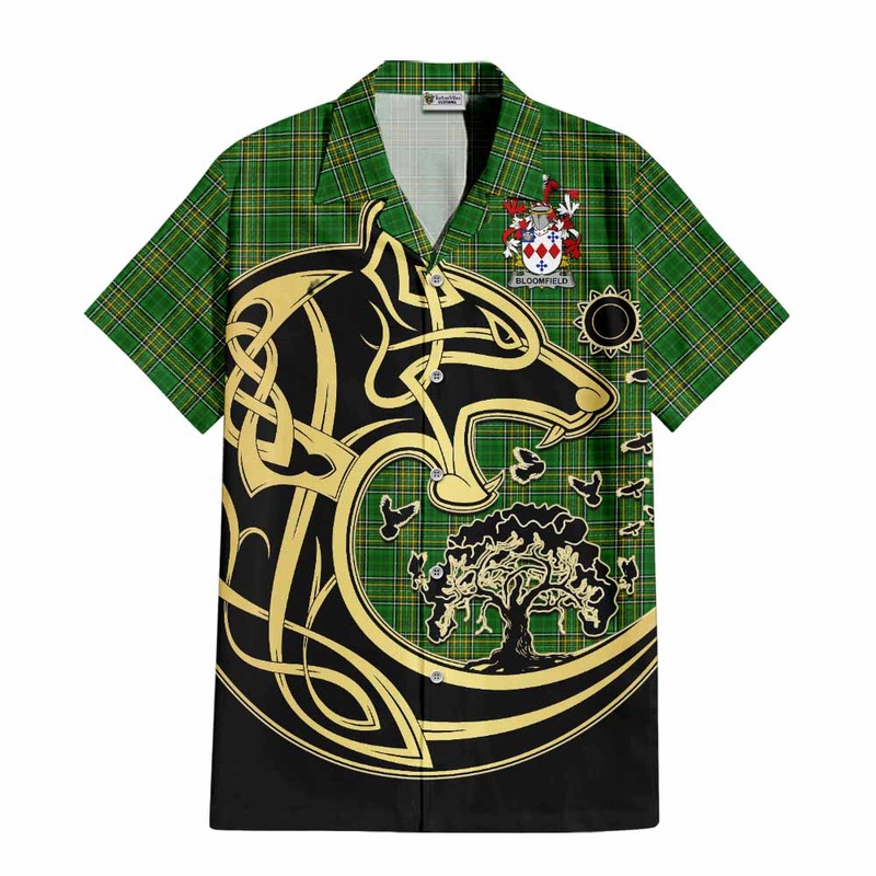 Bloomfield Irish Tartan Short Sleeve Button Shirt with Coat of Arms Celtic Wolf Style