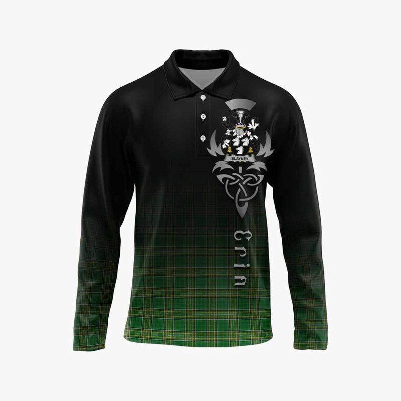 Blayney Irish Clan Long Sleeve Polo Shirt with Coat of Arms Erin Go Bragh Celtic Inspired
