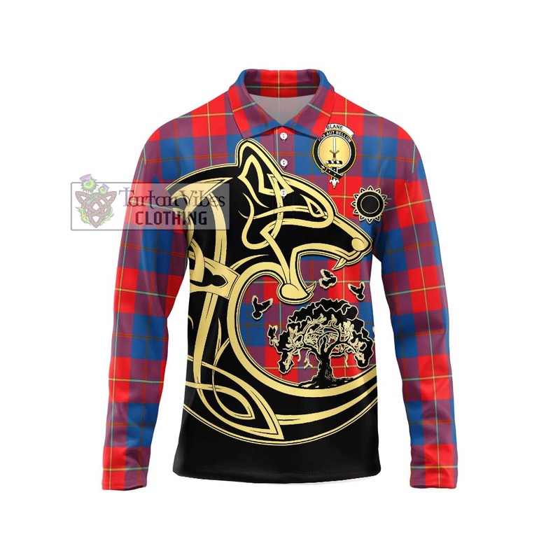 Blane Tartan Long Sleeve Polo Shirt with Family Crest Celtic Wolf Style