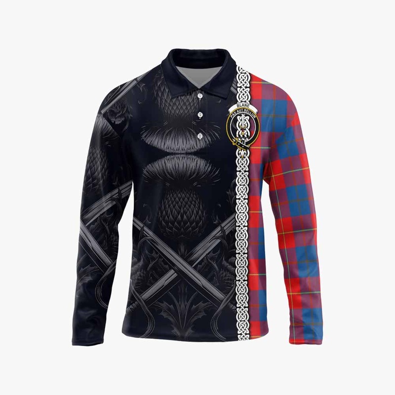 Blane Tartan Long Sleeve Polo Shirt with Family Crest Cross Sword Thistle Celtic Vibes