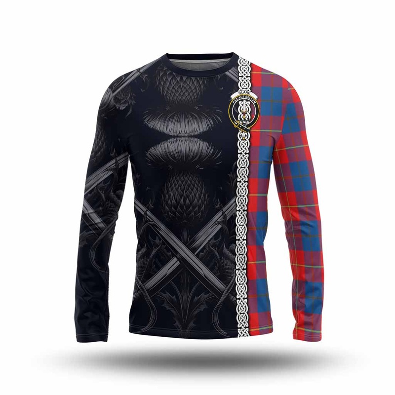 Blane Tartan Long Sleeve T-Shirt with Family Crest Cross Sword Thistle Celtic Vibes