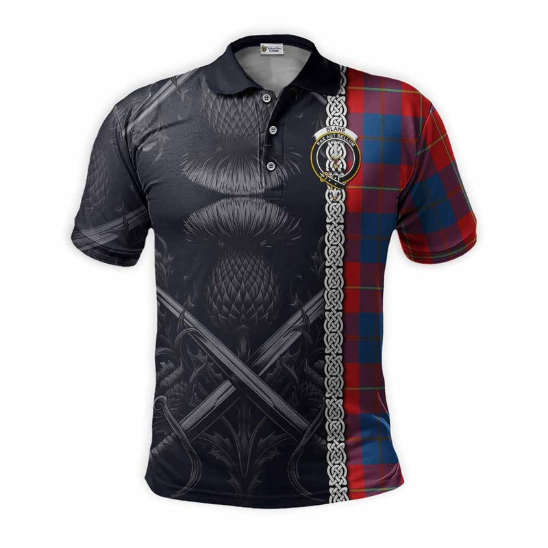Blane Tartan Polo Shirt with Family Crest Cross Sword Thistle Celtic Vibes