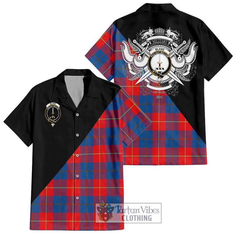 Blane Tartan Short Sleeve Button Shirt with Family Crest and Military Logo Style