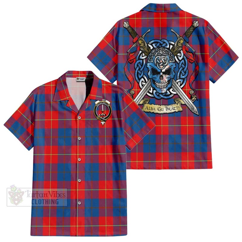 Blane Tartan Short Sleeve Button Shirt with Family Crest Celtic Skull Style