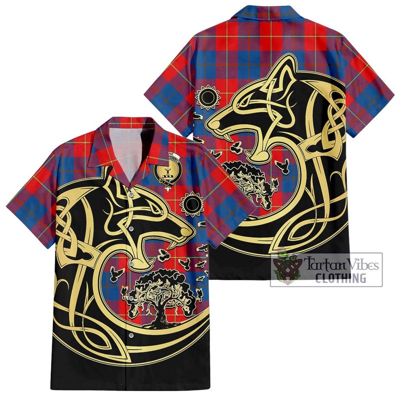 Blane Tartan Short Sleeve Button Shirt with Family Crest Celtic Wolf Style