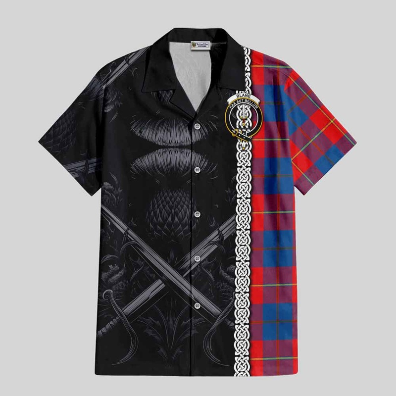 Blane Tartan Short Sleeve Button Shirt with Family Crest Cross Sword Thistle Celtic Vibes