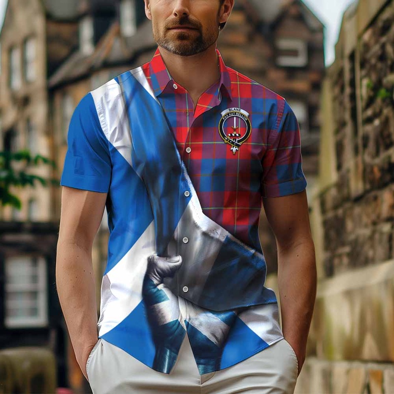 Blane Tartan Short Sleeve Button Shirt with Family Crest Scotland Patriotic Style
