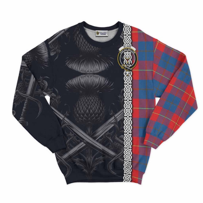 Blane Tartan Sweatshirt with Family Crest Cross Sword Thistle Celtic Vibes
