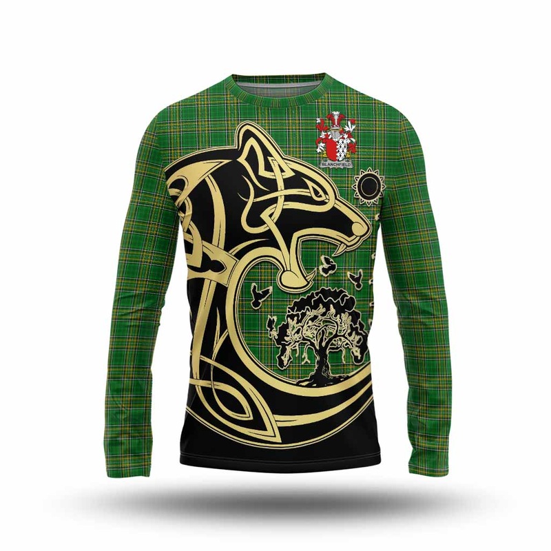 Blanchfield Irish Tartan Long Sleeve T-Shirt with Coat of Arms Celtic Wolf Style