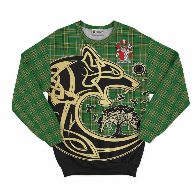 Blanchfield Irish Tartan Sweatshirt with Coat of Arms Celtic Wolf Style
