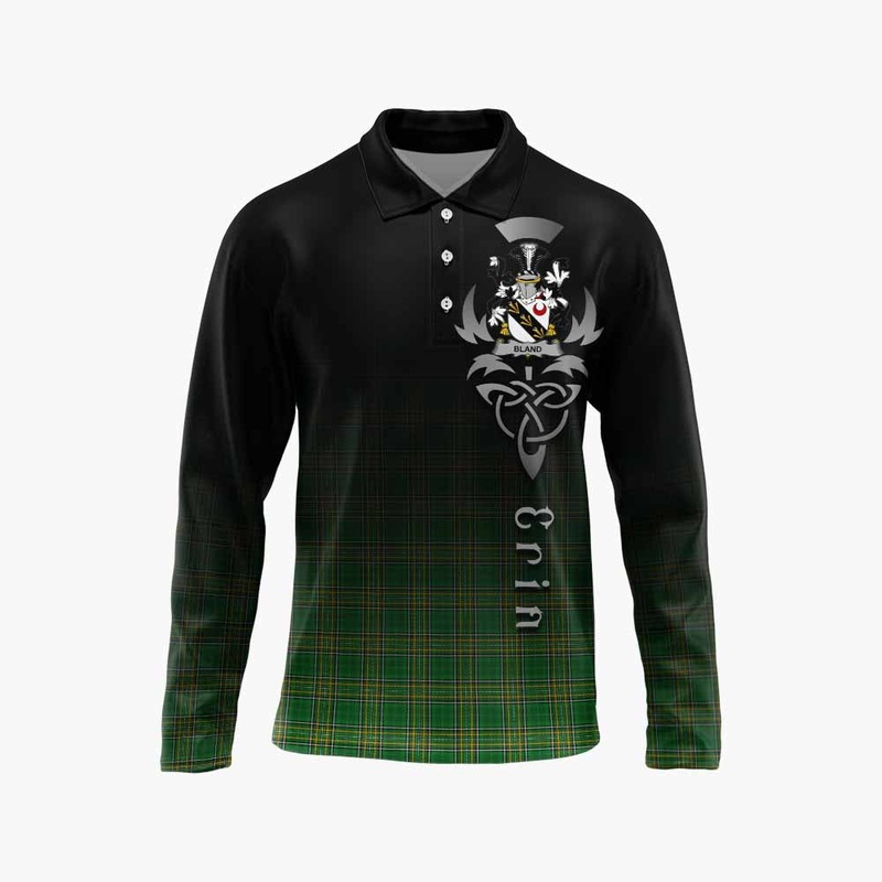 Bland Irish Clan Long Sleeve Polo Shirt with Coat of Arms Erin Go Bragh Celtic Inspired