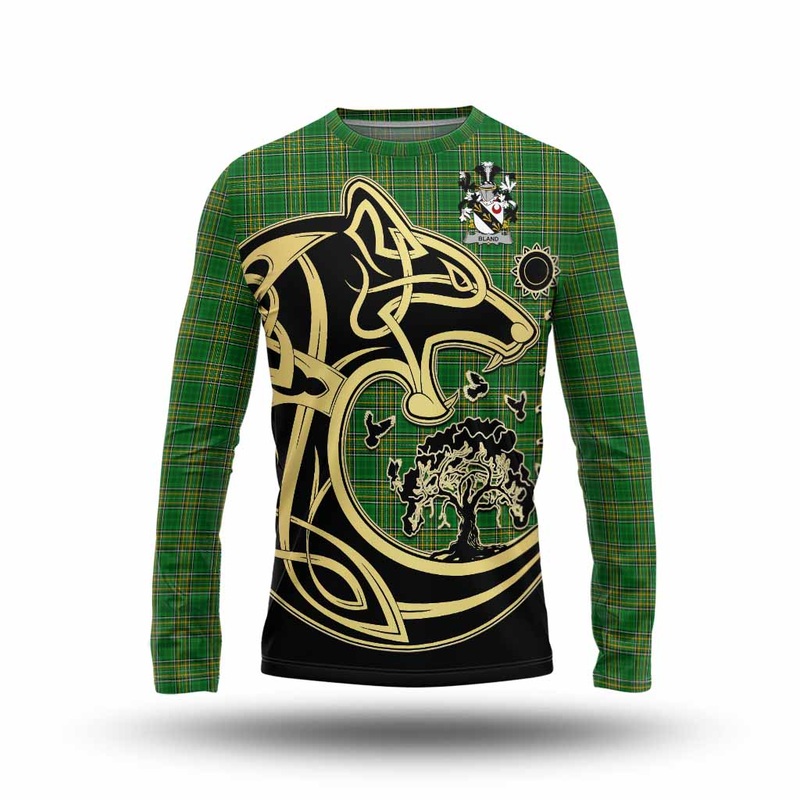 Bland Irish Tartan Long Sleeve T-Shirt with Coat of Arms Celtic Wolf Style