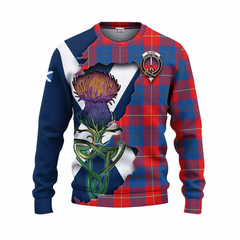 Blane Tartan Family Crest Knitted Sweater Scottish Thistle Celtic Inspired