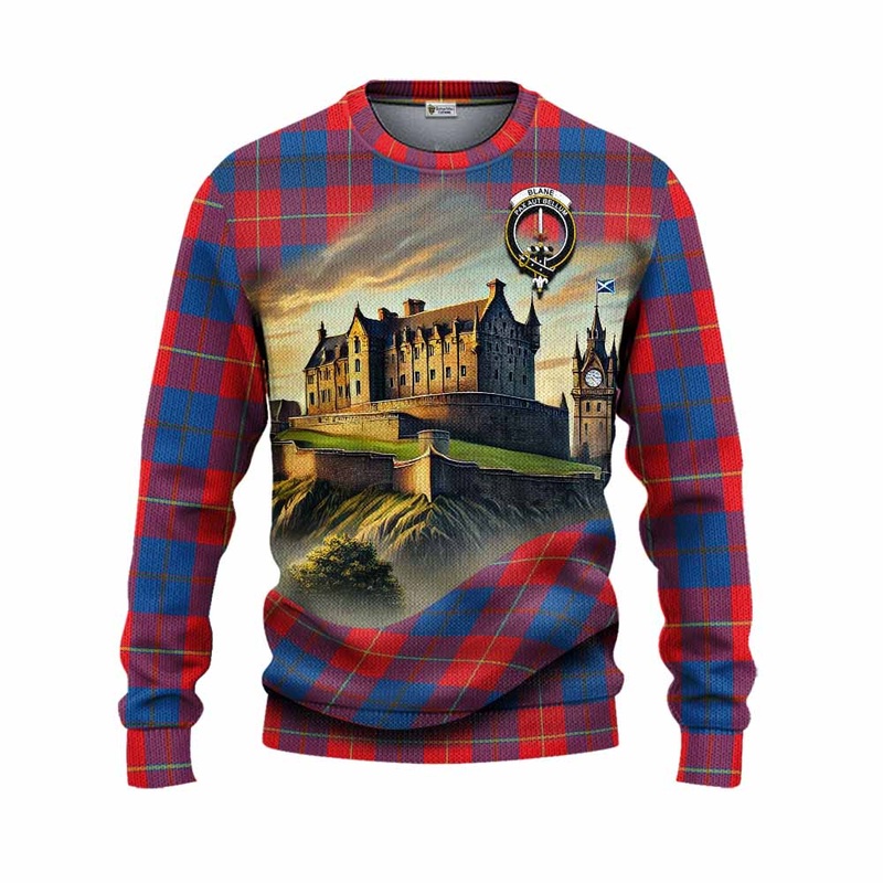 Blane Tartan Family Crest Knitted Sweater with Scottish Ancient Castle Style
