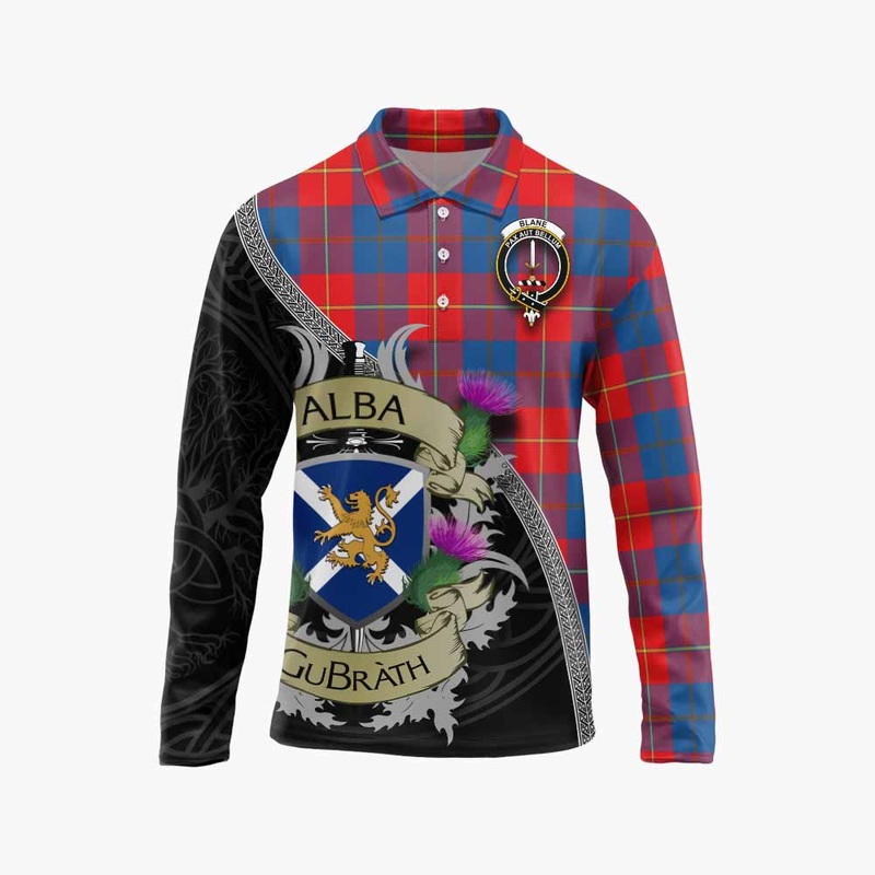 Blane Tartan Family Crest Long Sleeve Polo Shirt Lion Rampant Royal Thistle Shield Celtic Inspired