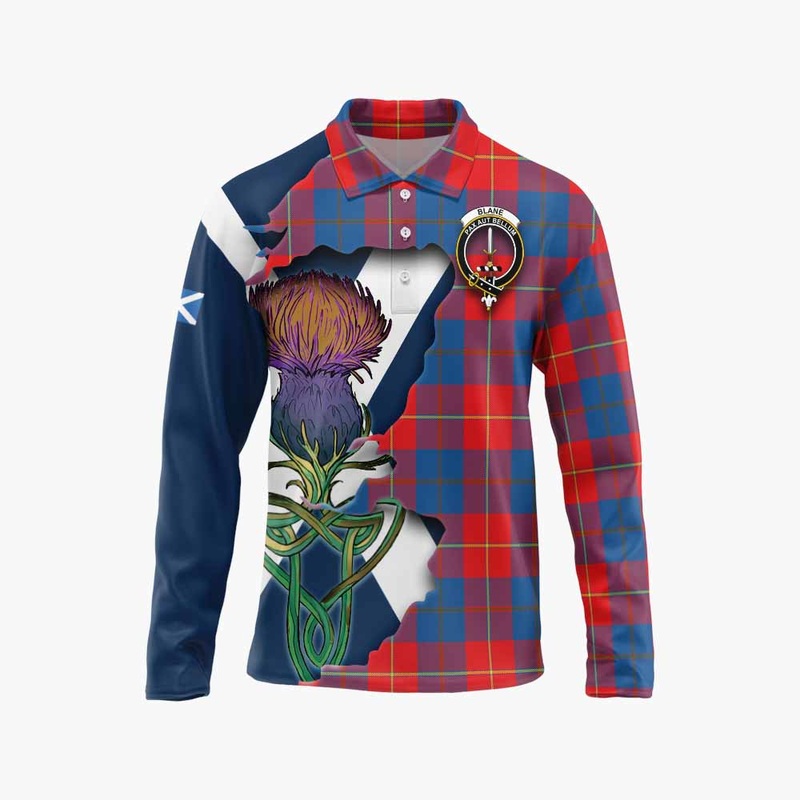 Blane Tartan Family Crest Long Sleeve Polo Shirt Scottish Thistle Celtic Inspired