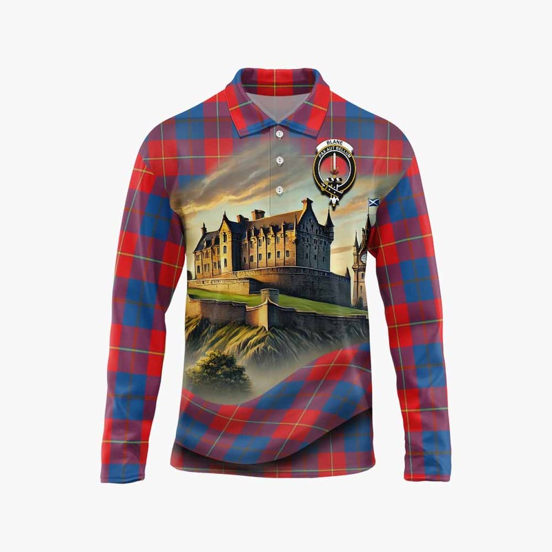 Blane Tartan Family Crest Long Sleeve Polo Shirt with Scottish Ancient Castle Style