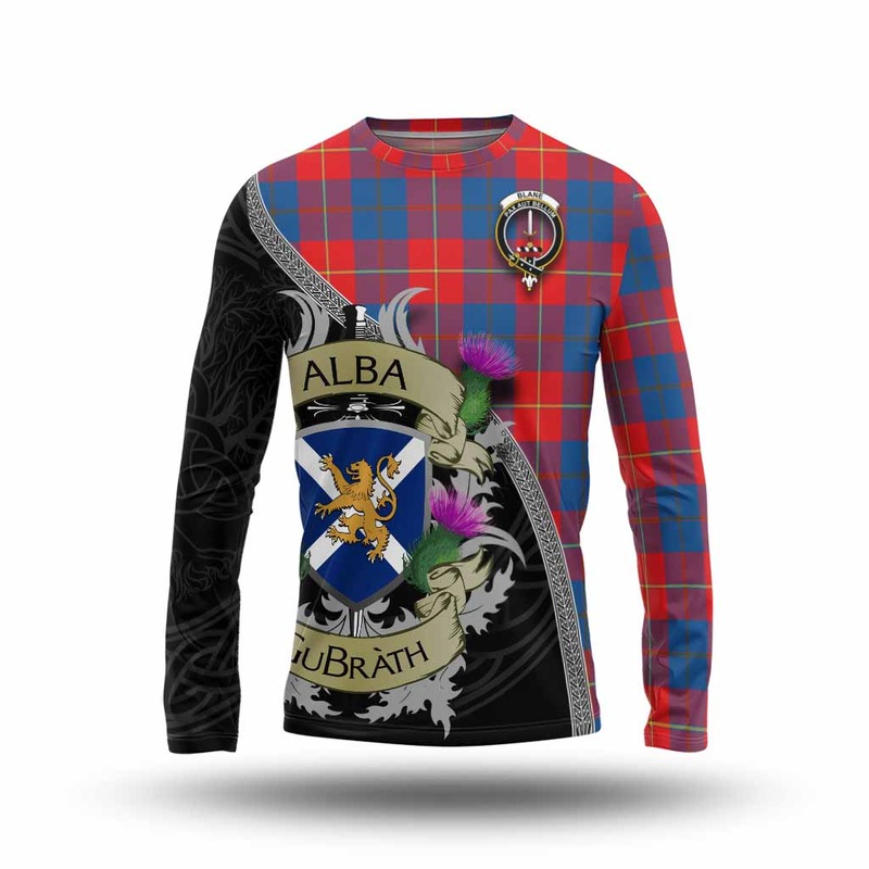 Blane Tartan Family Crest Long Sleeve T-Shirt Lion Rampant Royal Thistle Shield Celtic Inspired