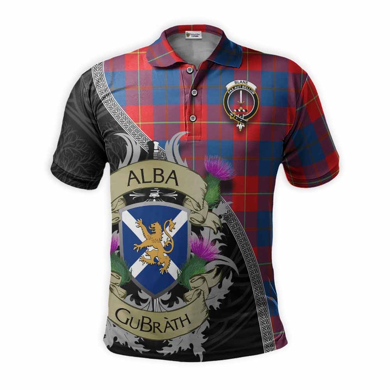 Blane Tartan Family Crest Polo Shirt Lion Rampant Royal Thistle Shield Celtic Inspired