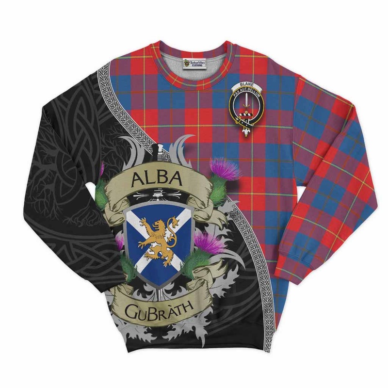 Blane Tartan Family Crest Sweatshirt Lion Rampant Royal Thistle Shield Celtic Inspired