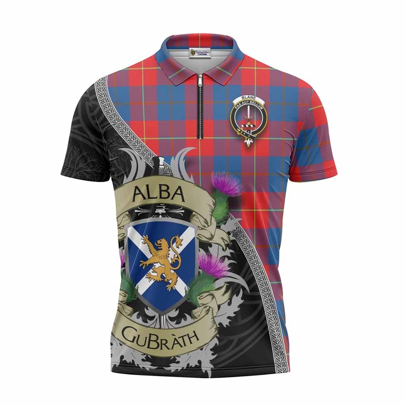 Blane Tartan Family Crest Zipper Polo Shirt Lion Rampant Royal Thistle Shield Celtic Inspired