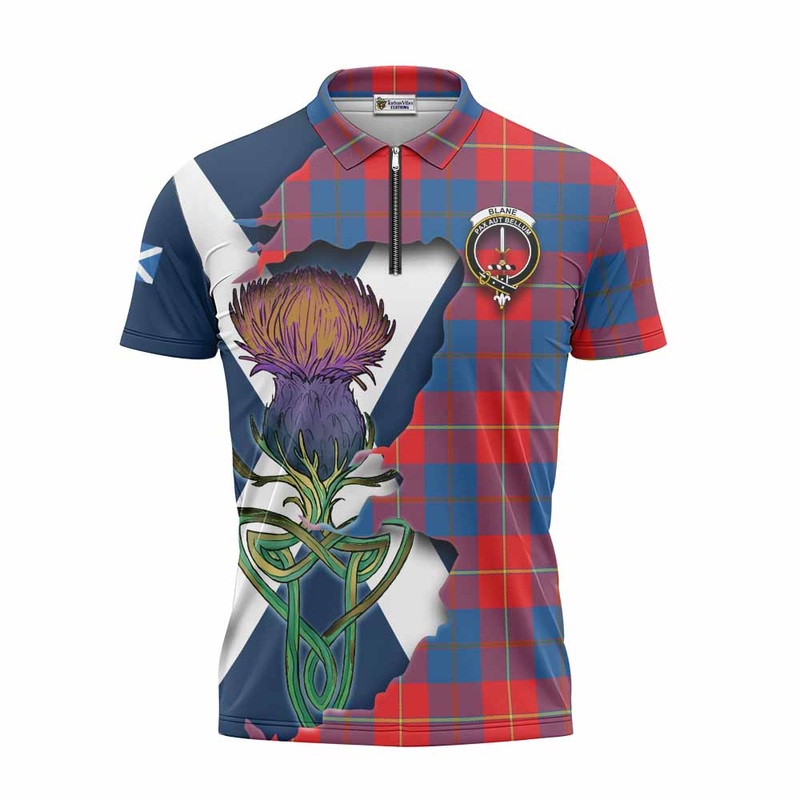 Blane Tartan Family Crest Zipper Polo Shirt Scottish Thistle Celtic Inspired
