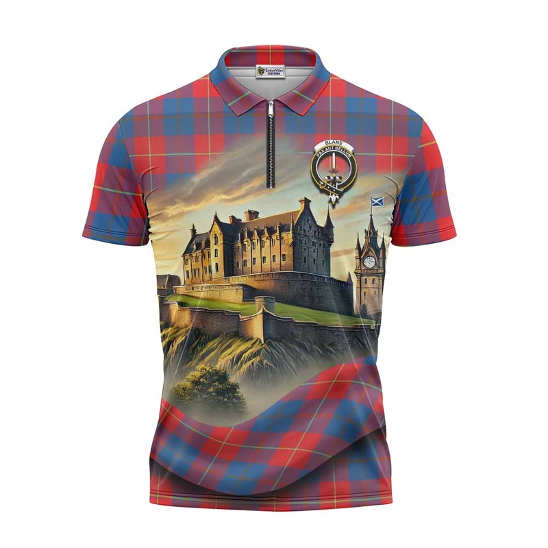 Blane Tartan Family Crest Zipper Polo Shirt with Scottish Ancient Castle Style